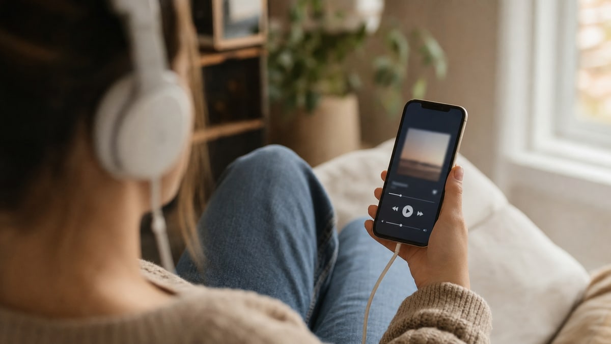 A person listening to music on a smartphone, representing Spotify streaming engagement metrics for independent artists