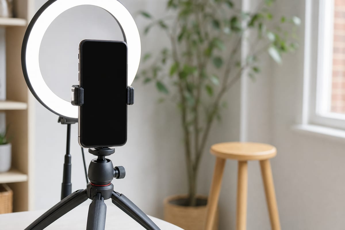 A modern editorial photo of a smartphone on a small desktop tripod ring-light setup facing an empty stool in a tidy home corner, daylight from a window, plant in soft background, phone screen blank