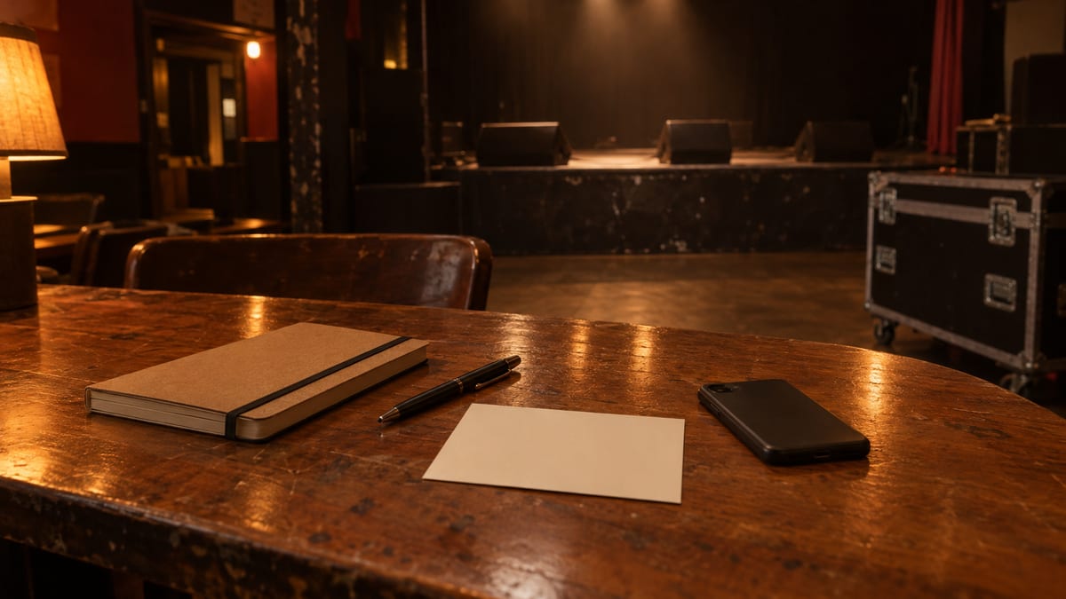 Warm backstage table with a closed notebook, blank card, dark phone, and empty stage in the background.