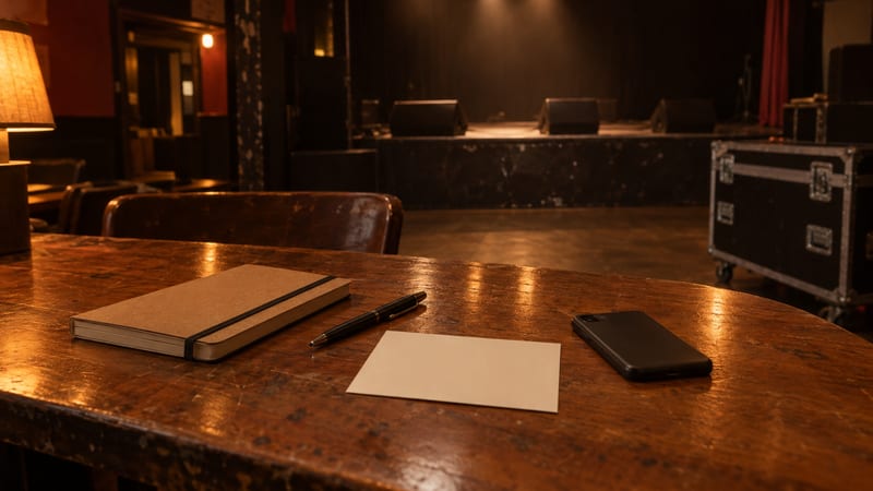 Warm backstage table with a closed notebook, blank card, dark phone, and empty stage in the background.