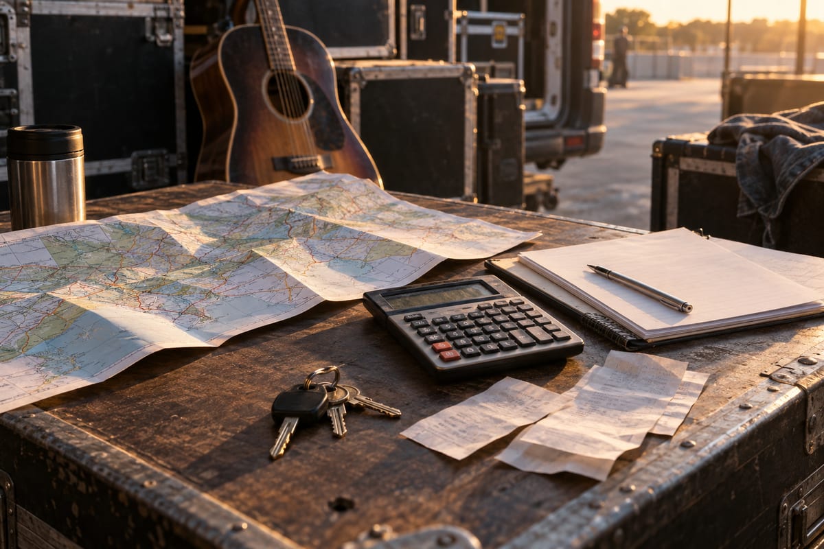 Warm outdoor road case table with a folded map, calculator, keys, blank notebook, receipts, and an acoustic guitar near a loading area.