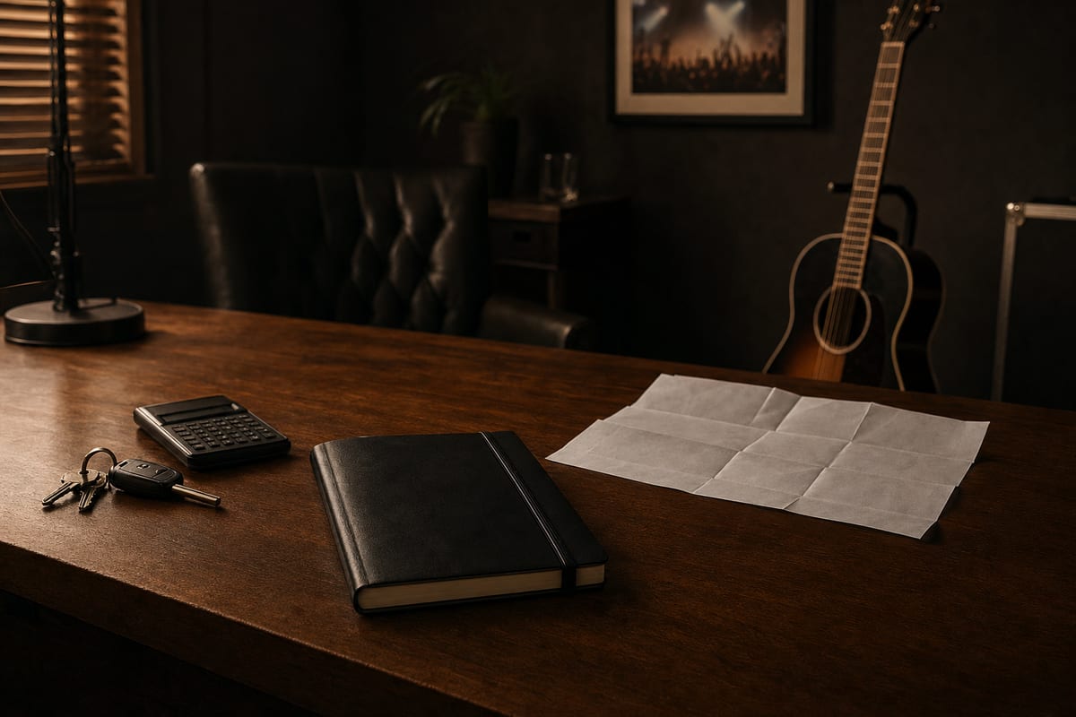 Dark amber touring desk with a closed black notebook, blank itinerary paper, calculator, car keys, and a guitar resting on a stand in the background, no readable text.
