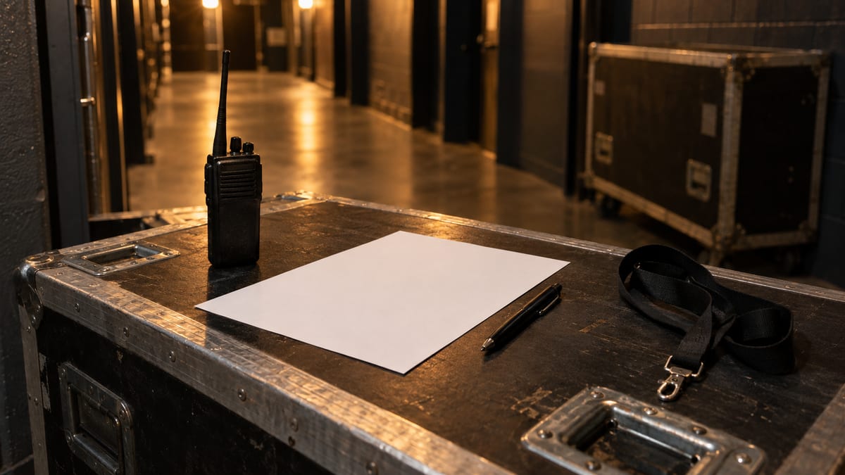 A blank sheet, pen, walkie-talkie, and lanyard rest on a road case in a warm backstage corridor.
