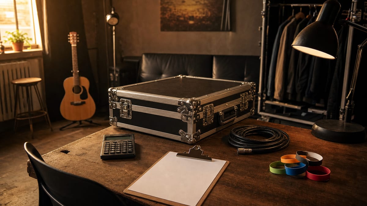 Warm backstage office with a closed road case, blank clipboard, calculator, coiled cable, colored wristbands, and a guitar resting on a stand.