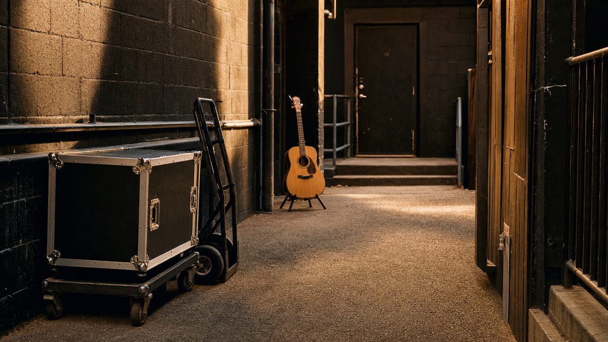 A road case and hand truck wait beside the load-in entrance of an empty small music venue