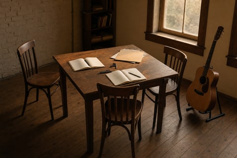 Photograph of three empty wooden chairs around a modest wooden table in warm evening light: open notebooks, a guitar capo, pencils, and blank record sleeves.