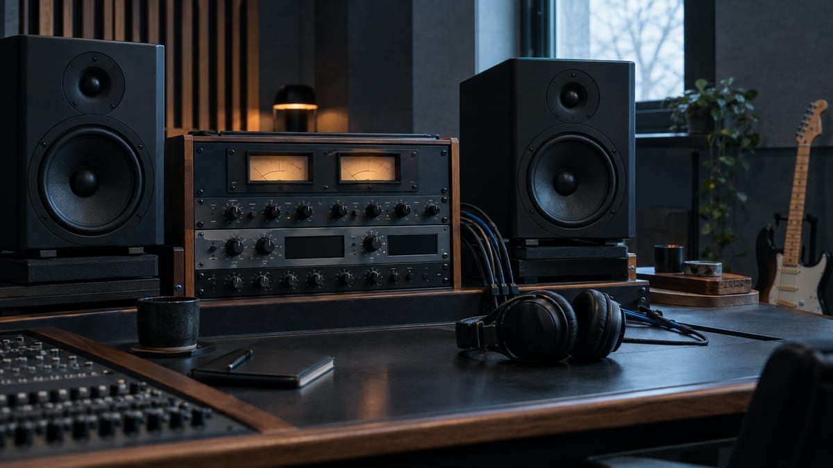 Dark mastering room with unmarked analog meters, studio monitors, headphones, and a guitar resting in the background.