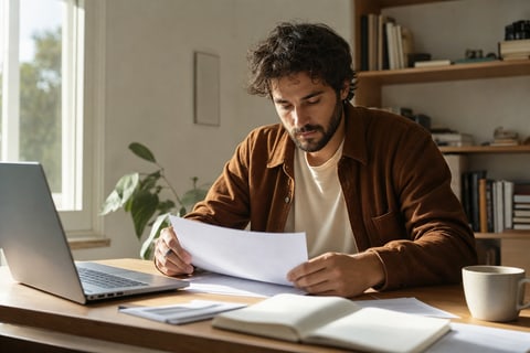 An independent songwriter reviewing royalty documentation at a home studio desk