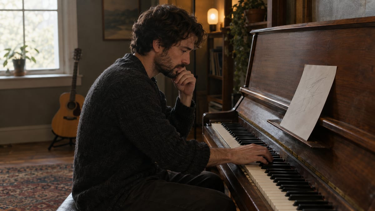 A songwriter sketches short abstract note groups at a keyboard while a small acoustic guitar rests on a floor stand beside the studio desk.