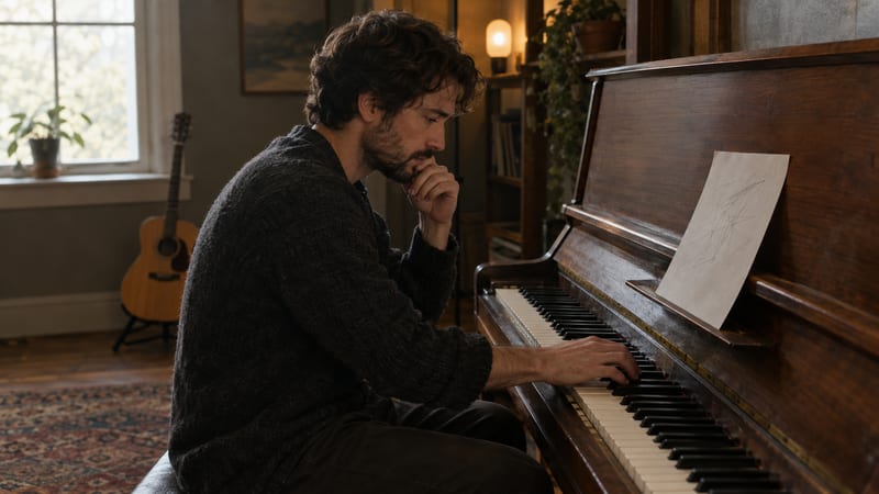 A songwriter sketches short abstract note groups at a keyboard while a small acoustic guitar rests on a floor stand beside the studio desk.