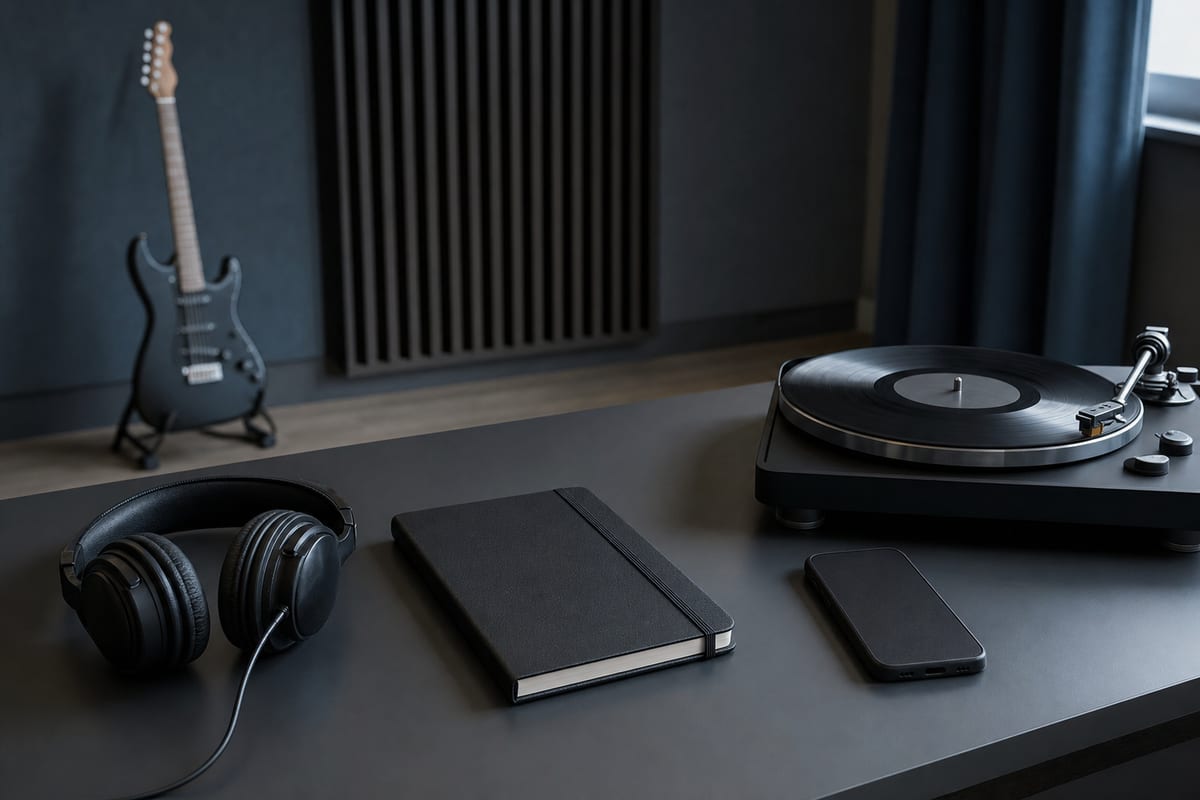 Cool slate studio table with a closed notebook, phone face down, headphones, and a small screen turned away from the camera beside a resting guitar on a stand.