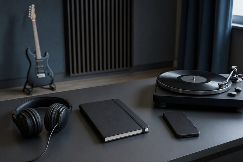 Cool slate studio table with a closed notebook, phone face down, headphones, and a small screen turned away from the camera beside a resting guitar on a stand.