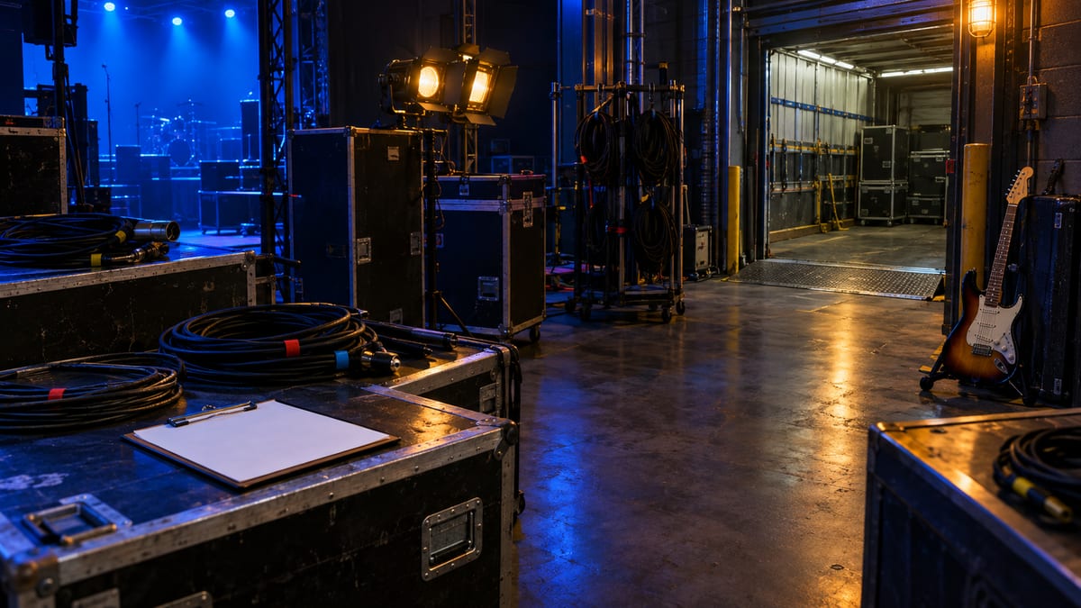 Backstage venue hallway with labeled road cases, coiled cables, a clipboard, work lights, and a guitar resting near the load-in door.