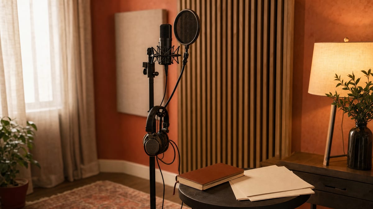 Warm vocal recording corner with a studio microphone, closed notebook, blank take sheets, and acoustic treatment.