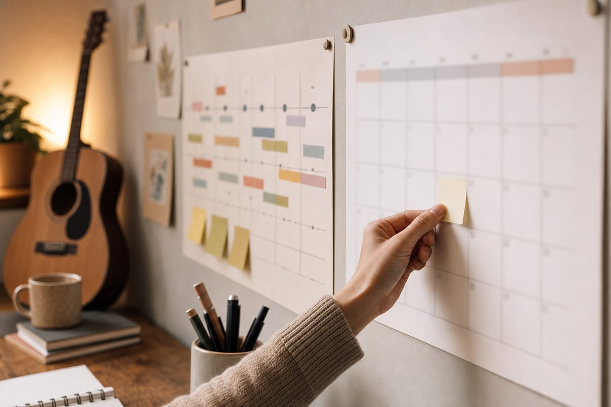 A hand placing a sticky note on a paper release-planning timeline pinned to a wall in warm indoor light, with a guitar leaning softly out of focus in the background