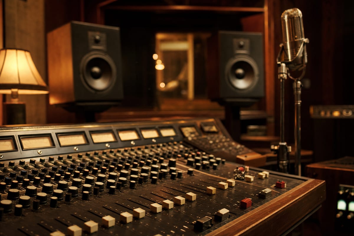 Editorial photo: a recording artist reviewing paperwork next to studio monitors and a microphone stand, soft overhead light, no readable text