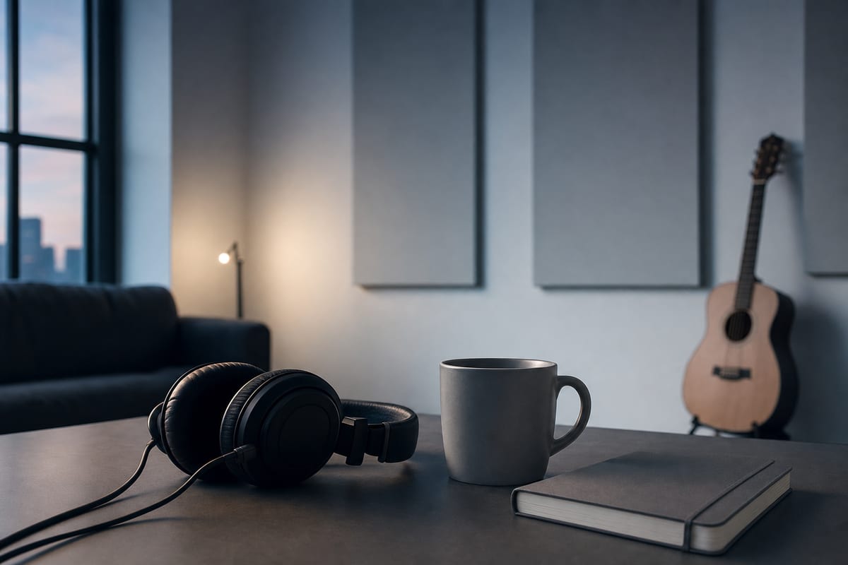 Cool blue grey listening room with unbranded headphones, a blank book and cup on a table, and a guitar resting on a stand in the background, with no readable text or logos.
