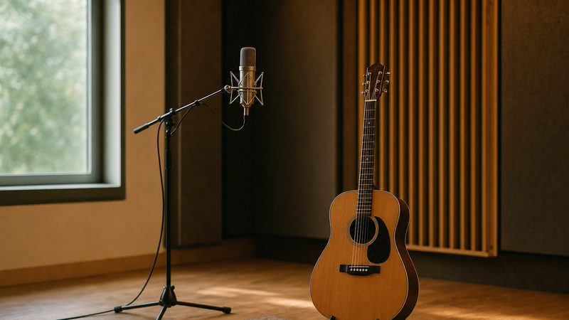 An acoustic guitar resting on a stand beside a studio microphone in a quiet recording room