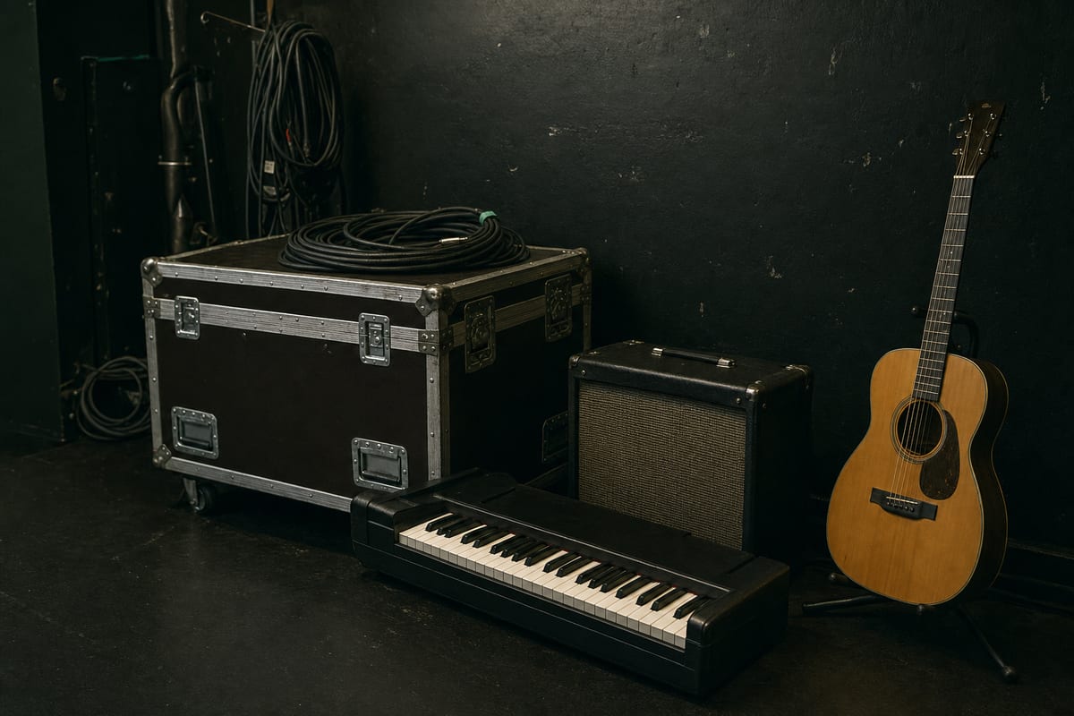 A dark backstage room with a road case, coiled cables, compact keyboard, small guitar amplifier, and an acoustic guitar resting on a stand, with no readable text or logos.