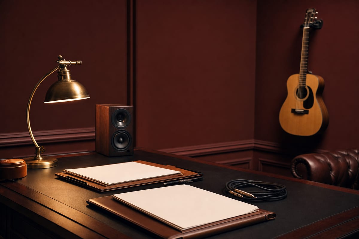 Dark amber rights desk with blank license papers, headphones, a small speaker, and a guitar resting on a wall hanger.