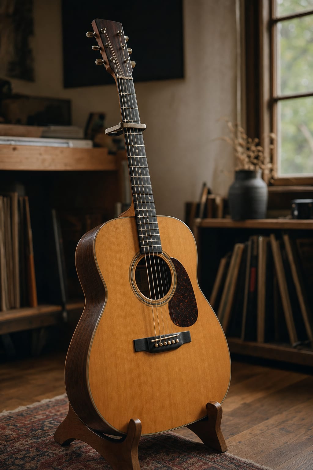A close editorial photograph of an acoustic guitar resting on a stand with a capo clamped on the neck, warm studio light, no text or logos.