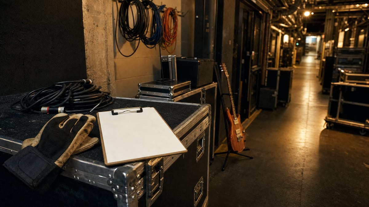 Warm backstage venue corridor with road cases, coiled cables, blank clipboard, work gloves, and a guitar resting on a stand with no readable text or logos.
