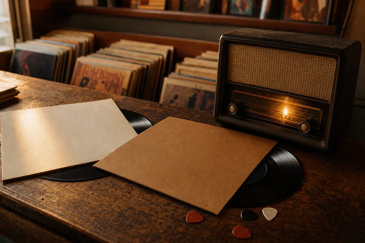 A vinyl record on a wooden table with two different genre section dividers visible behind it, suggesting music that sits between genres