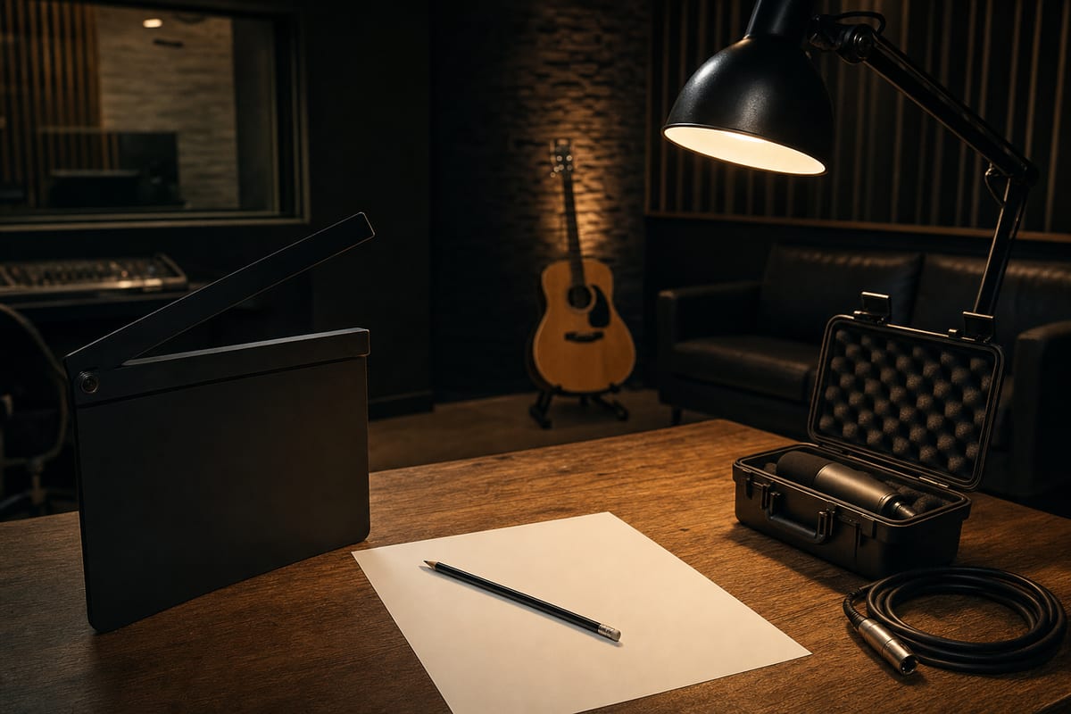 Dark sync editing room with blank paper, pencil, microphone case, coiled cable, and a distant acoustic guitar resting on a stand, with no readable text or logos.
