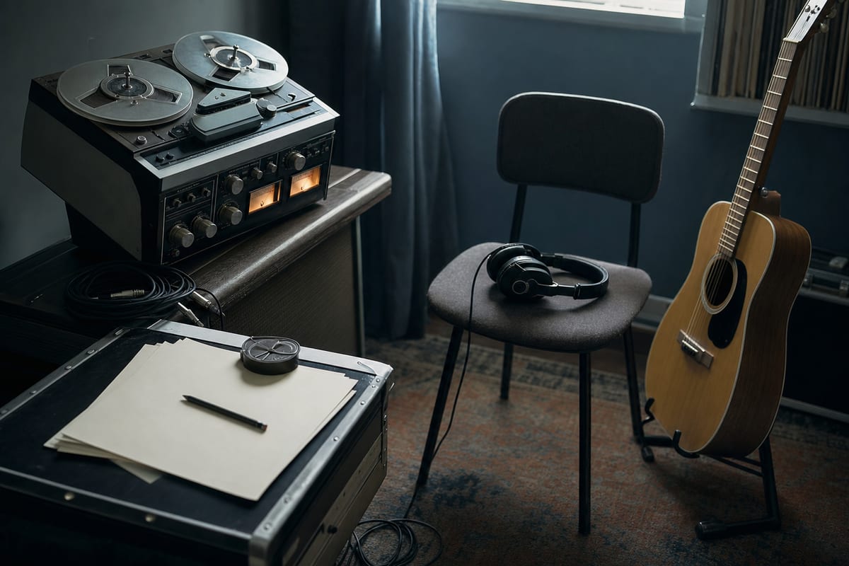 Cool blue studio corner with a reel, blank track notes, headphones, and an acoustic guitar resting safely beside a chair.