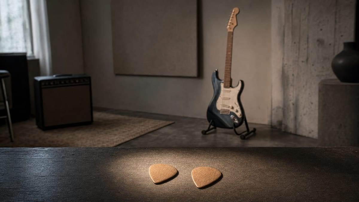 Two guitar picks sit on a studio table in front of an electric guitar resting on a stand.