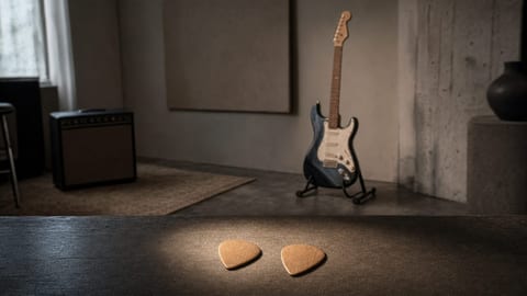 Two guitar picks sit on a studio table in front of an electric guitar resting on a stand.