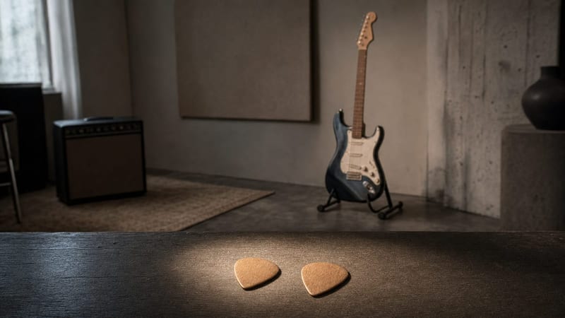 Two guitar picks sit on a studio table in front of an electric guitar resting on a stand.