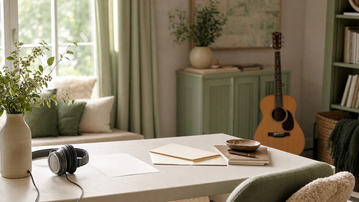 Bright sage listening room with blank stationery, headphones, a plant, and an acoustic guitar resting in the background.
