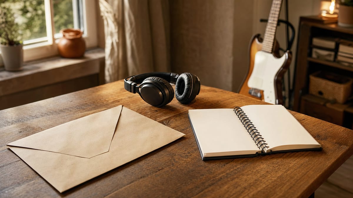 Warm home studio desk with a blank envelope, blank notebook, headphones, and a guitar resting safely on a stand in the background, with no readable text or logos.