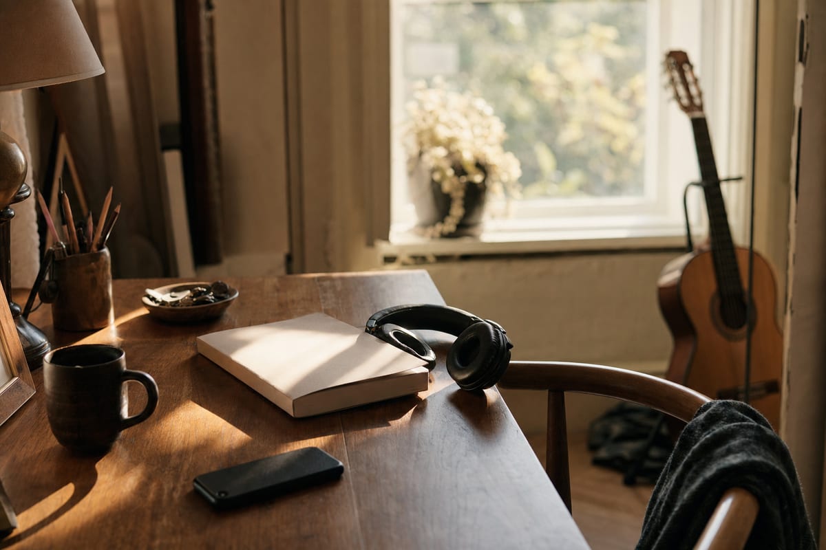 Warm editorial desk with a blank notebook, headphones, a phone turned away, and a guitar resting on a stand near a window.