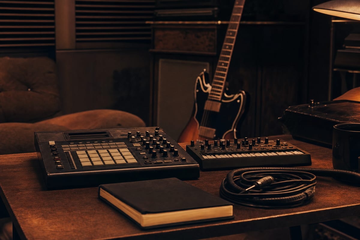 Dark amber recording studio corner with a drum machine, compact MIDI controller, coiled cable, blank notebook, and a guitar leaning safely against furniture in the background, with no readable text or logos.