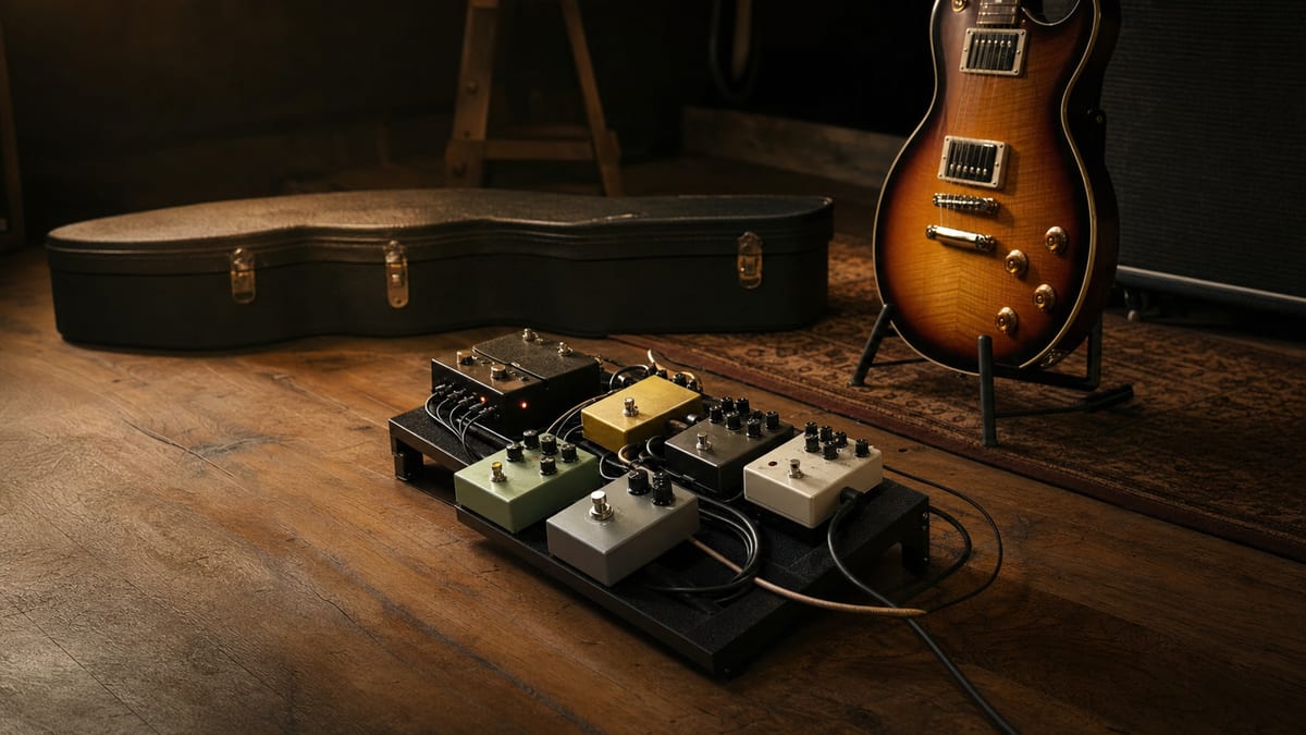 Dark amber rehearsal room floor with a compact pedalboard, unbranded pedals, patch cables, a closed guitar case, and an intact electric guitar resting upright on a stand.
