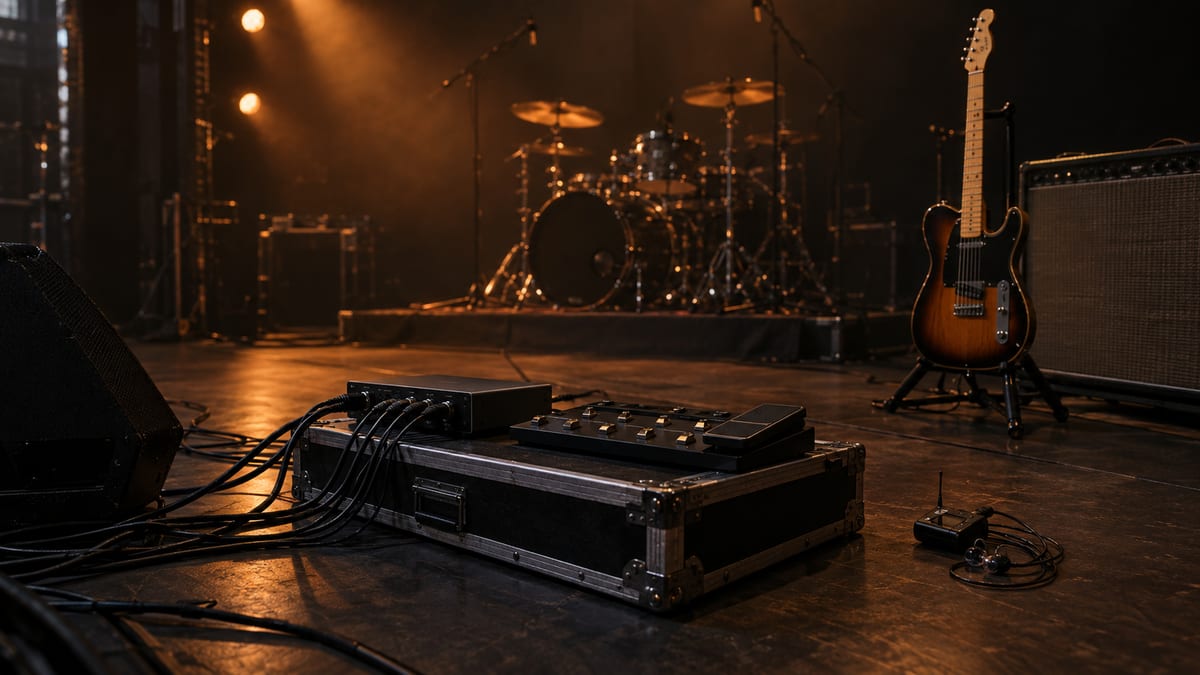 Dark amber stage with an audio interface and routed cables in front of a drum kit and a guitar resting on a stand.