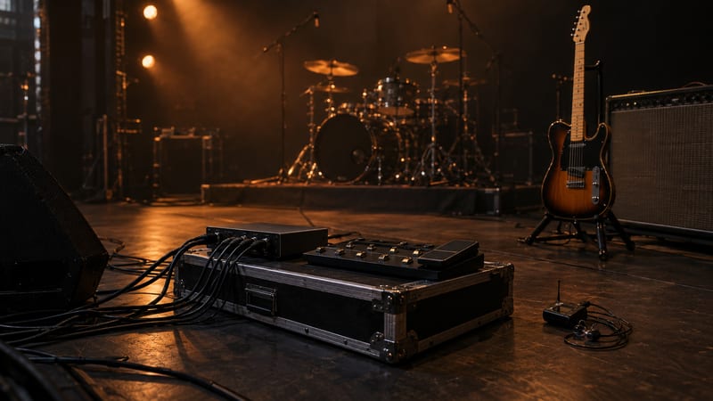 Dark amber stage with an audio interface and routed cables in front of a drum kit and a guitar resting on a stand.