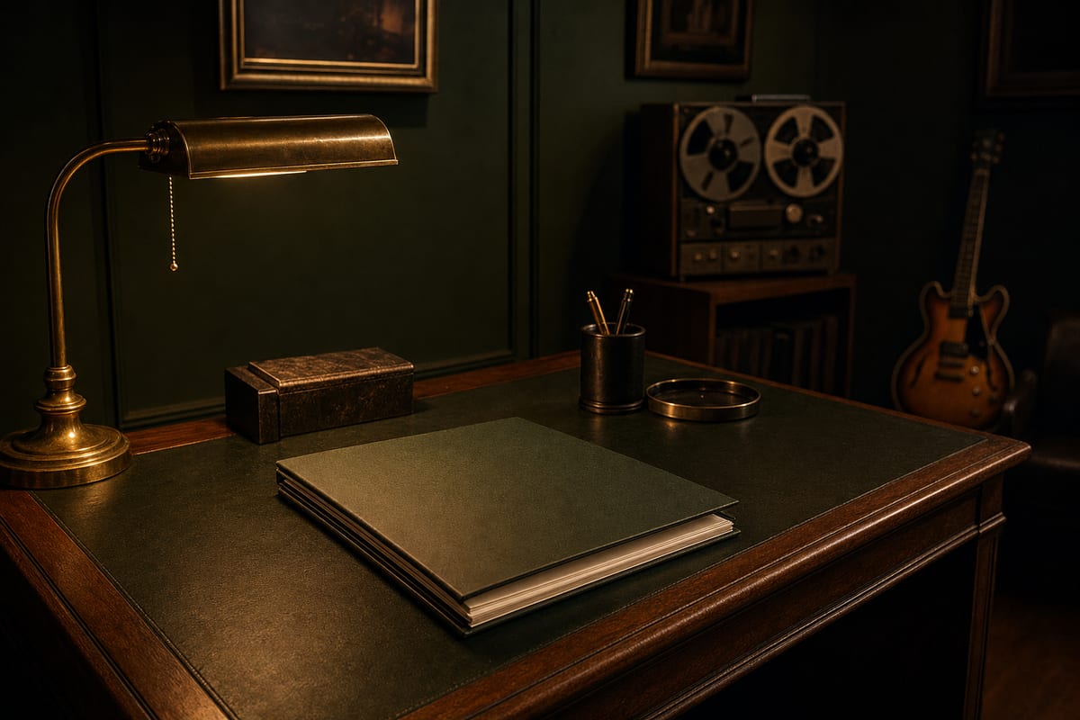 Dark forest-green and amber rights desk with closed blank folder, brass lamp, reel-to-reel tape machine, and a guitar resting against a wall, with no readable text or logos.