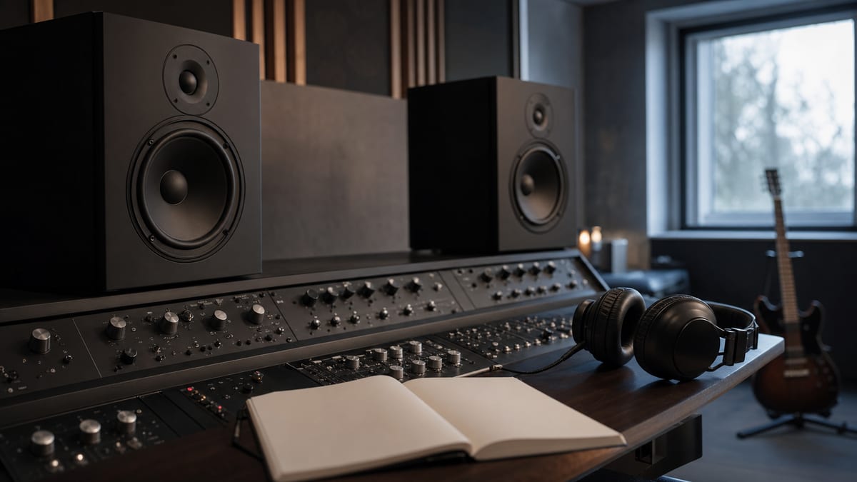 Cool neutral mastering room with a blank notebook, compact monitor speakers, headphones, and a guitar resting on a stand in the background, with no readable text or logos.