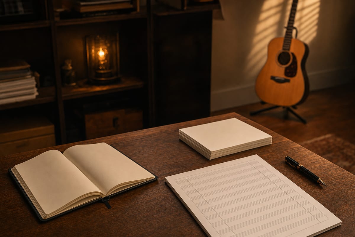 A warm publishing desk with a blank music licensing worksheet, notebook, pen, and an acoustic guitar resting on a stand, no readable text or logos.