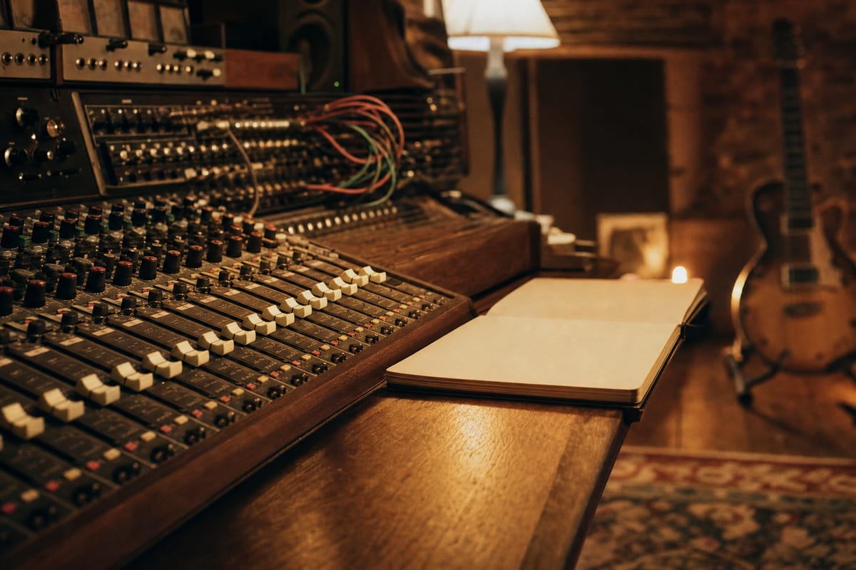 Warm amber analog mixing desk with faders and patch cables, a blank notebook, and a small guitar resting on a stand in the background, with no readable text or logos.