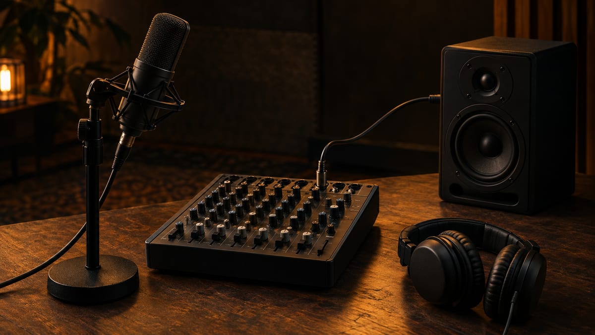 Dark amber audio setup with a standing microphone, compact mixer, monitor speaker, and headphones.