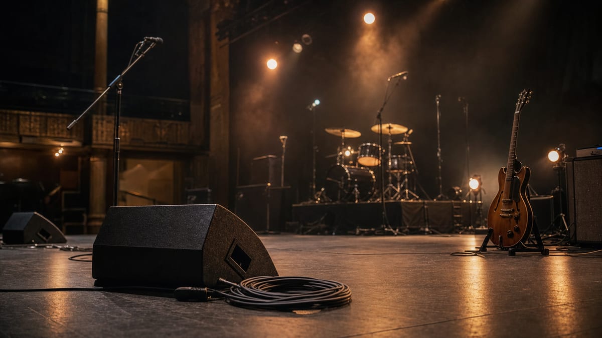 Empty concert stage with a wedge monitor, coiled cable, warm lights, and a guitar resting on a stand, with no readable text or logos.