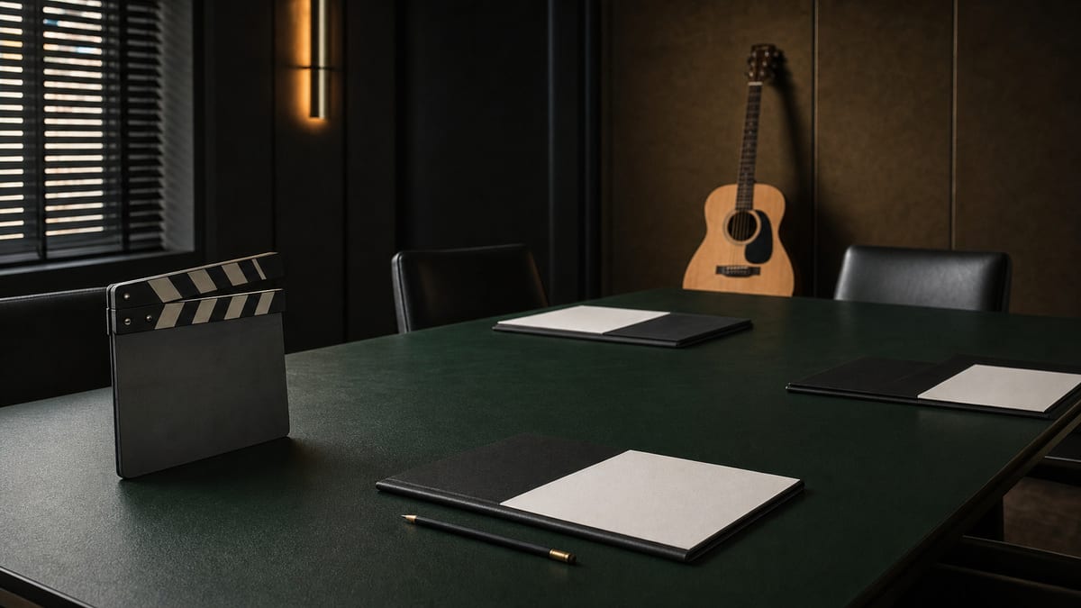 A dark green conference table with blank folders, blank papers, a pencil, a neutral clapperboard, and a guitar resting in the background, with no readable text or logos.