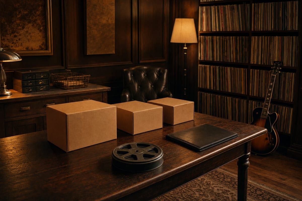 Dark amber room with plain shipping boxes, a closed portfolio, reel case, records, and a guitar leaning by a shelf.