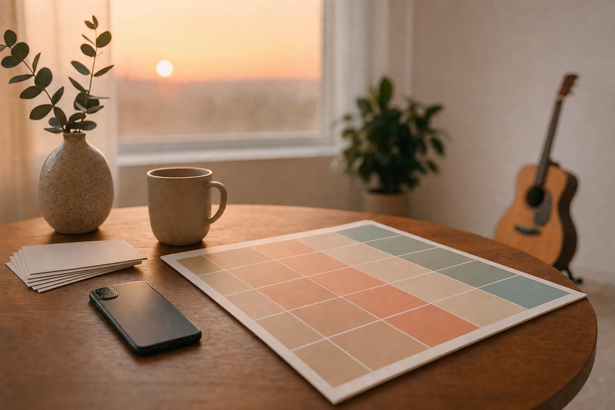 Warm sunrise desk with a blank color-block calendar, phone face down, blank postcards, and an intact acoustic guitar resting on a stand in the background.