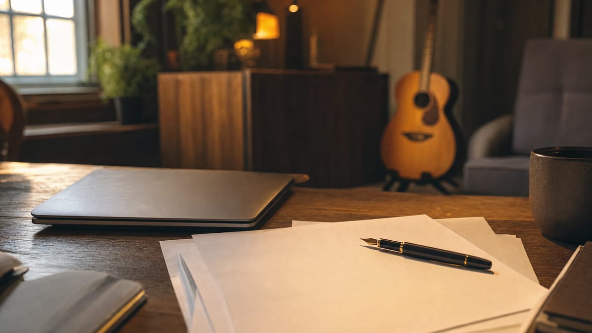 A warm studio office desk with blank royalty papers, pen, closed laptop, and an acoustic guitar resting on a stand in the background, with no readable text or logos.