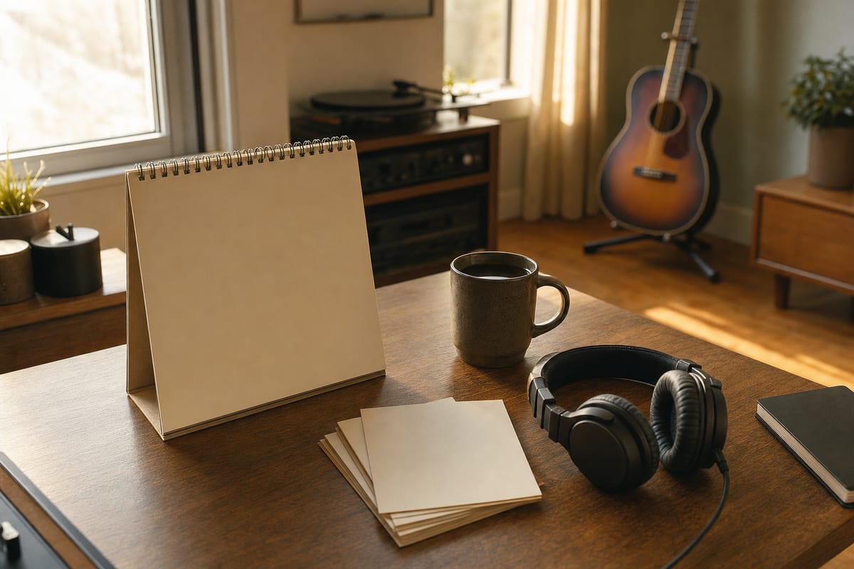 Warm home studio desk with a blank paper calendar, blank planning cards, headphones, coffee, and a guitar resting on a stand in the background, with no readable text or logos.